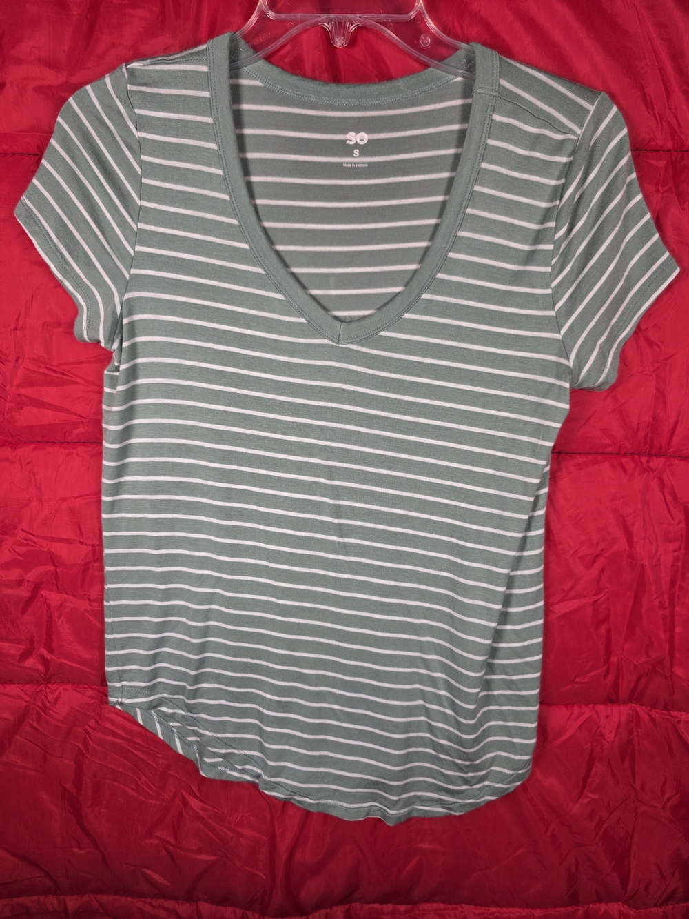 SO Green and White Striped V-Neck Tee